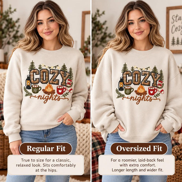Cozy Nights Sweatshirt Embroidered Applique Campfire Crewneck Cabin Winter Pullover