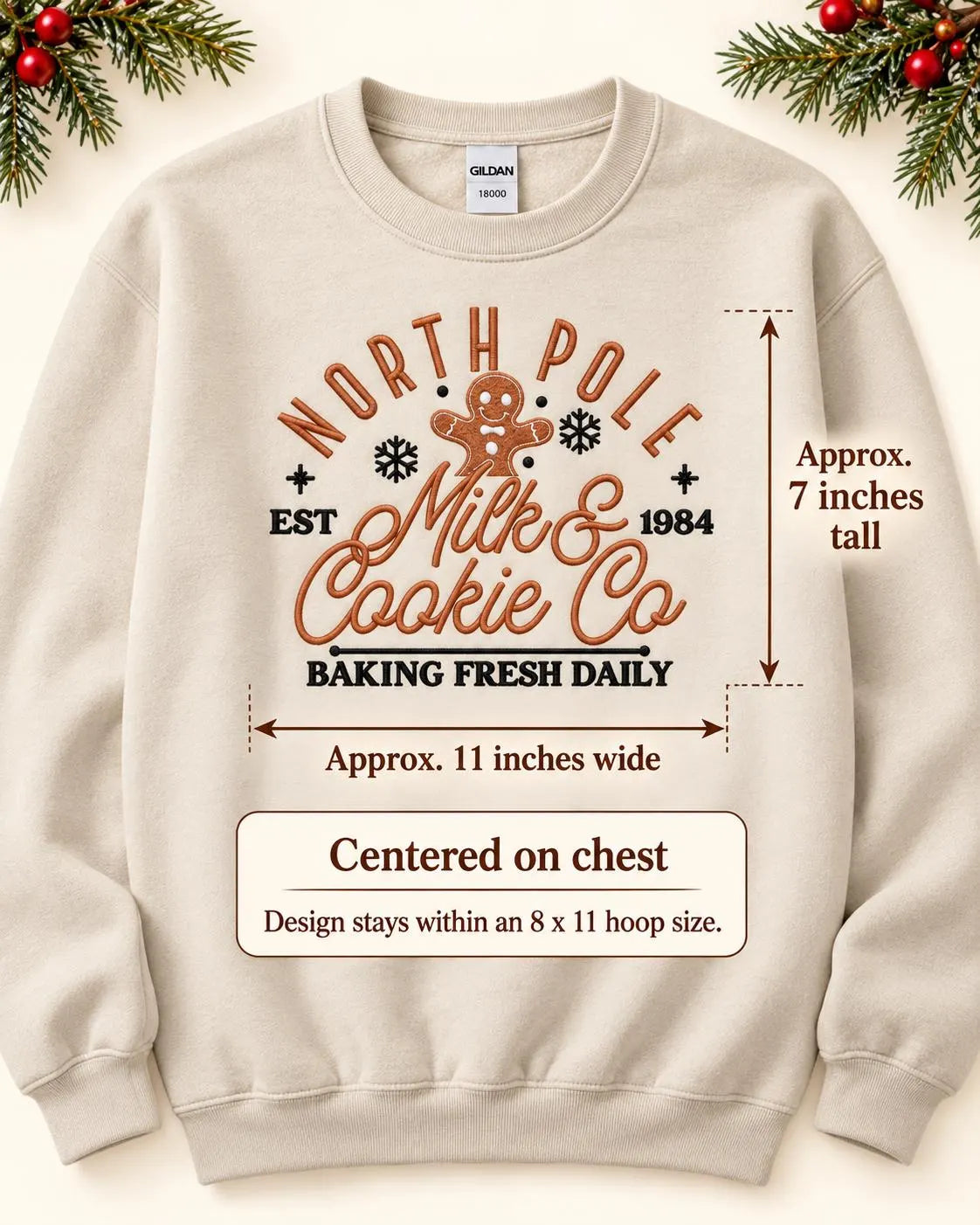 Embroidered North Pole Bakery Sweatshirt: Gingerbread, Snowflakes