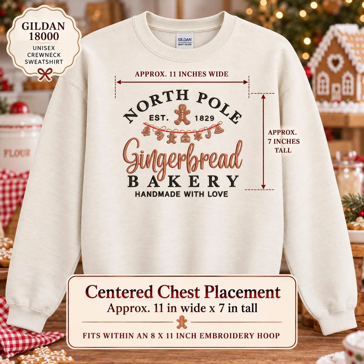 Gingerbread Christmas Sweatshirt North Pole Bakery Crewneck Embroidered Holiday Pullover