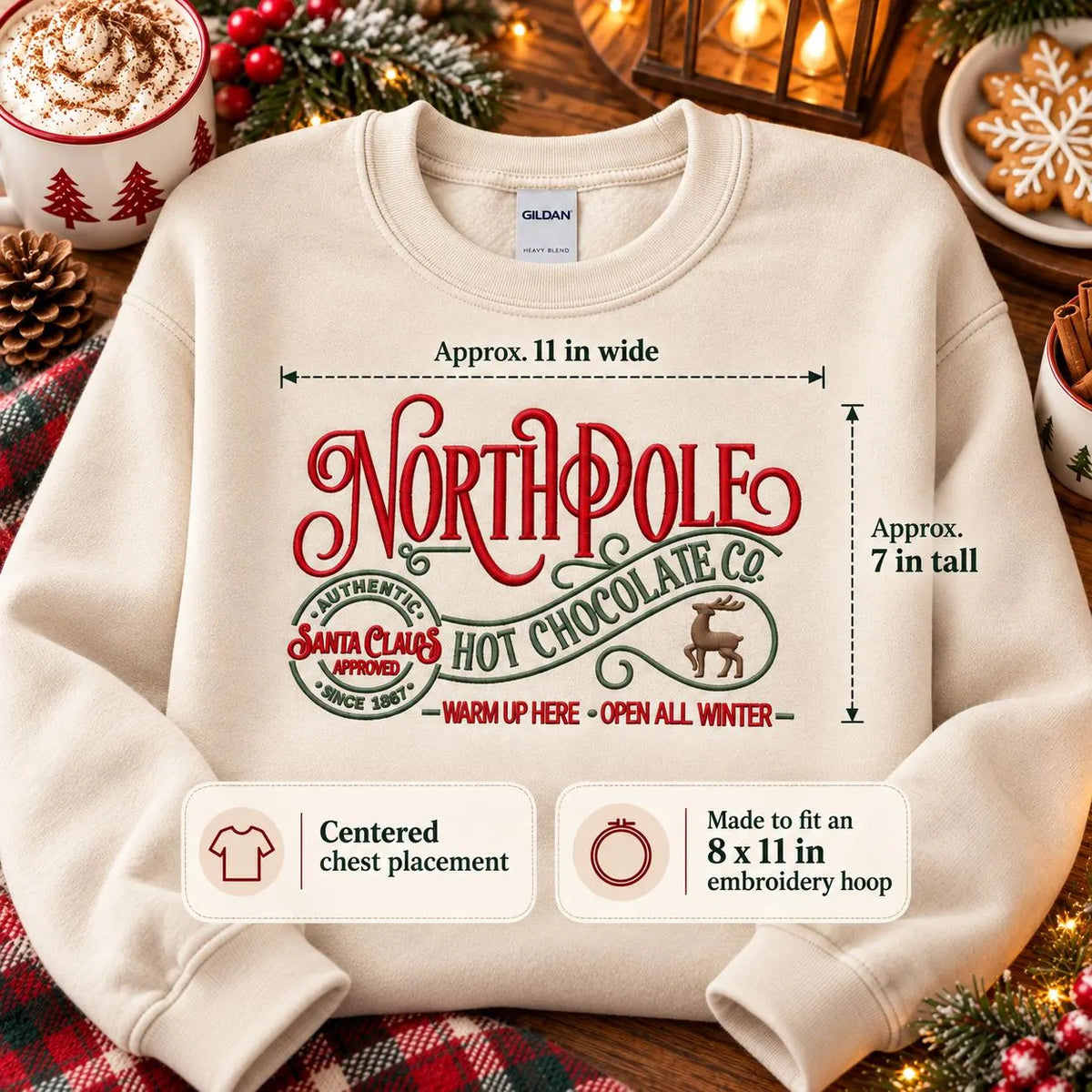 Christmas Hot Chocolate Sweatshirt Embroidered North Pole Crewneck Cozy Holiday Pullover
