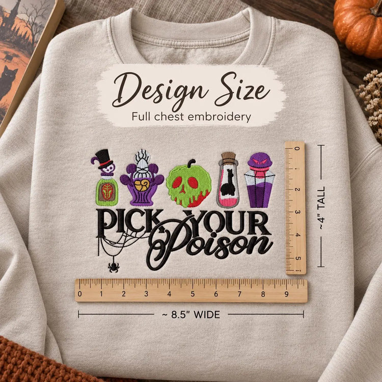 Pick Your Poison Embroidered Sweatshirt Spooky Halloween Crewneck Witchy Potion Villain Gift