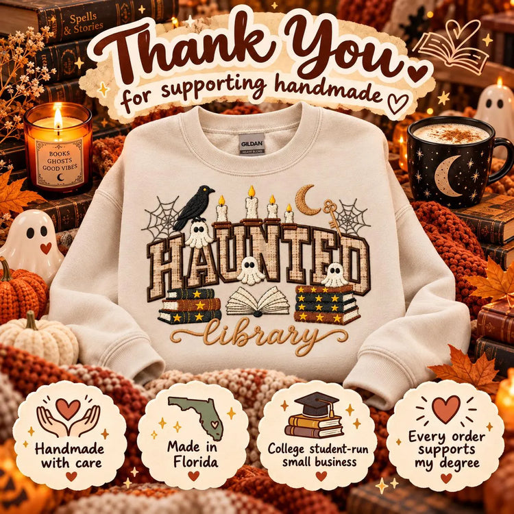 Haunted Library Sweatshirt Appliqué Bookish Halloween Crewneck Spooky Reader Gift