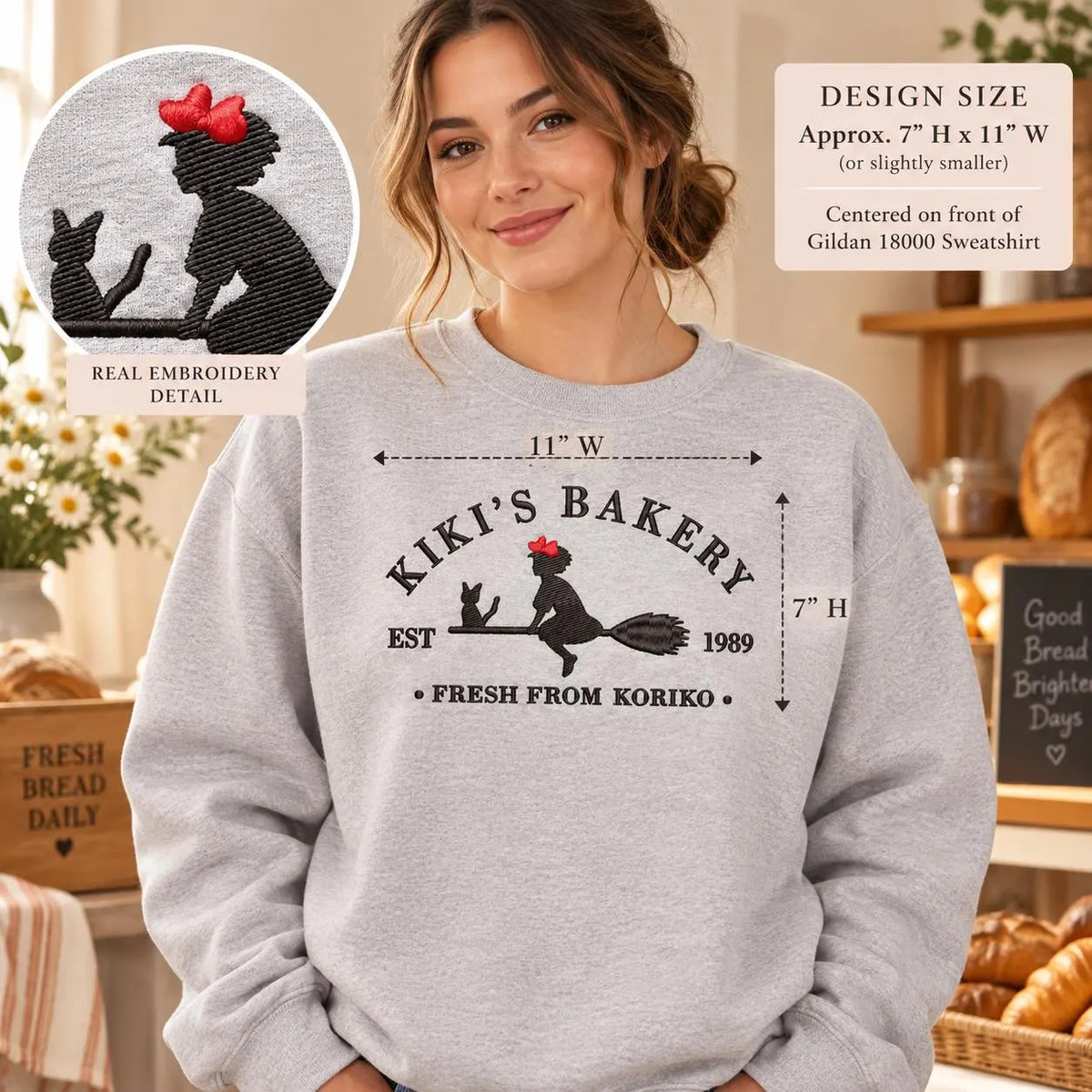 Kiki’s Delivery Service Bakery Sweatshirt Embroidered Anime Crewneck Cozy Witchy Café Pullover