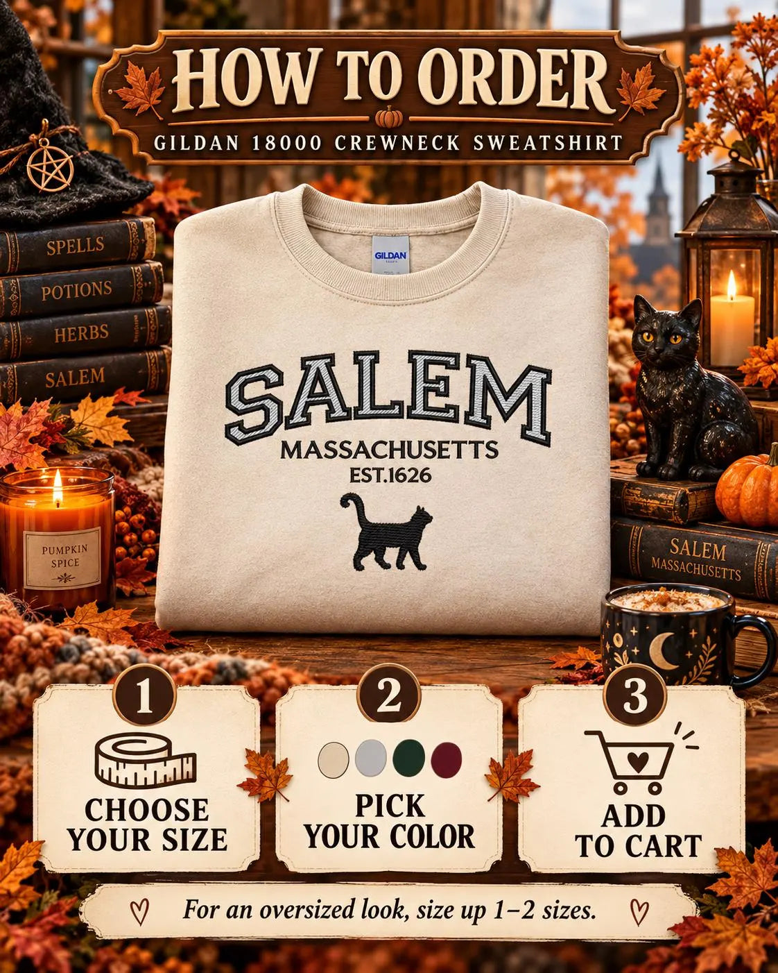 Salem Massachusetts Sweatshirt Embroidered Black Cat Crewneck Witchy New England Fall Pullover