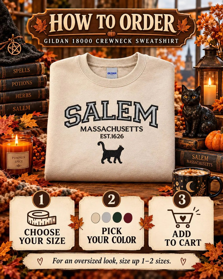 Salem Massachusetts Sweatshirt Embroidered Black Cat Crewneck Witchy New England Fall Pullover