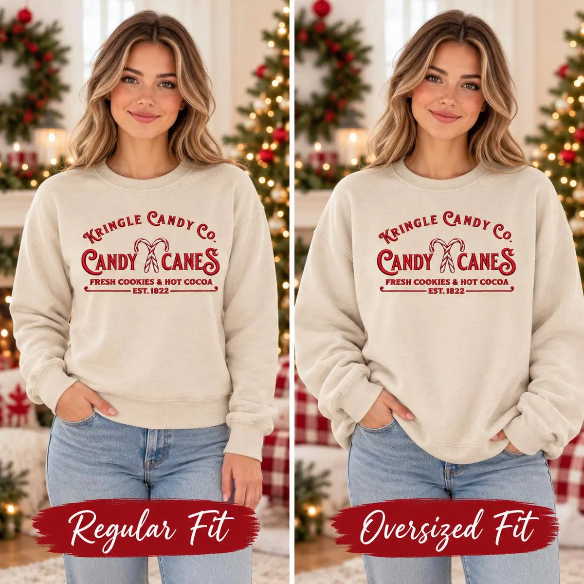 Candy Cane Christmas Sweatshirt Embroidered Holiday Crewneck Kringle Candy Shop Pullover