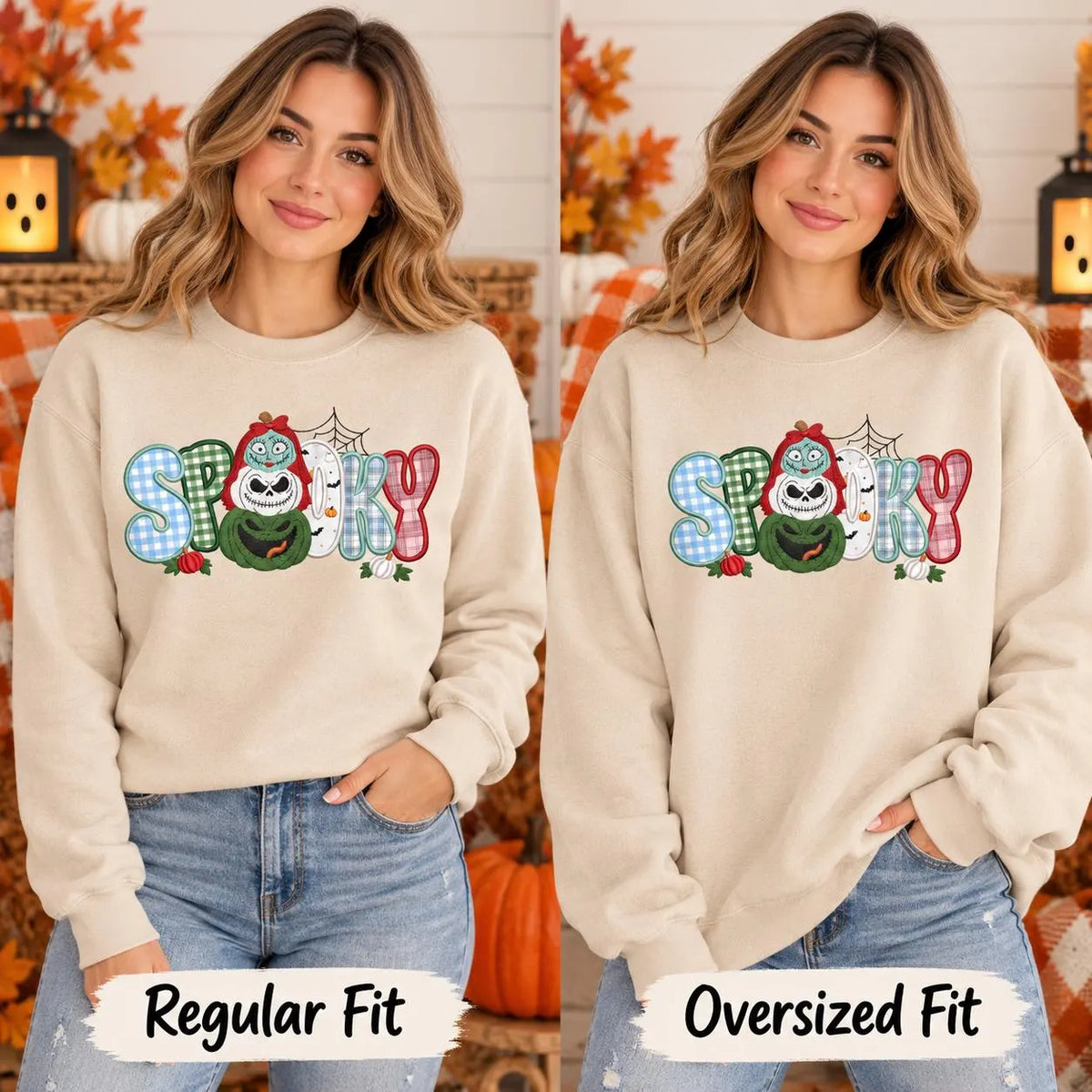 Nightmare Before Christmas inspired Halloween Appliqué Sweatshirt Spooky Embroidered Crewneck Gingham Patchwork Fall
