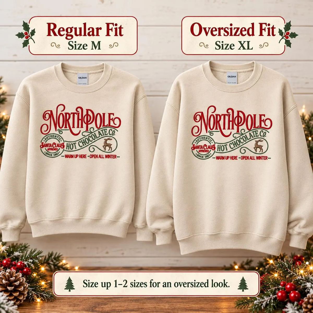 Christmas Hot Chocolate Sweatshirt Embroidered North Pole Crewneck Cozy Holiday Pullover