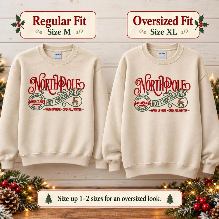 Christmas Hot Chocolate Sweatshirt Embroidered North Pole Crewneck Cozy Holiday Pullover