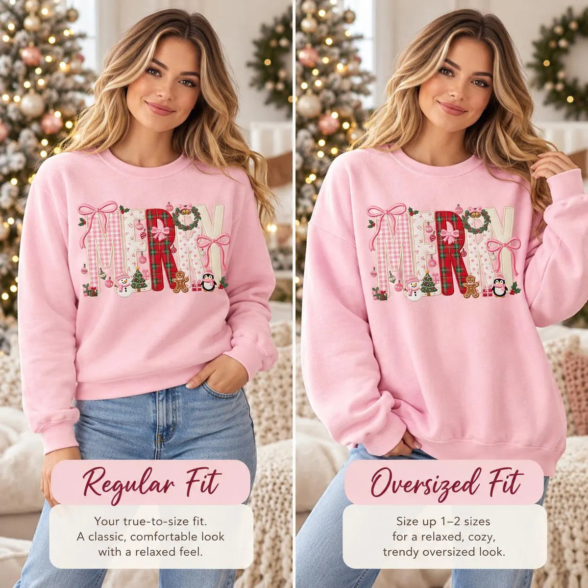 Personalized Pink Christmas Sweatshirt Merry Applique Embroidered Crewneck Girly Coquette