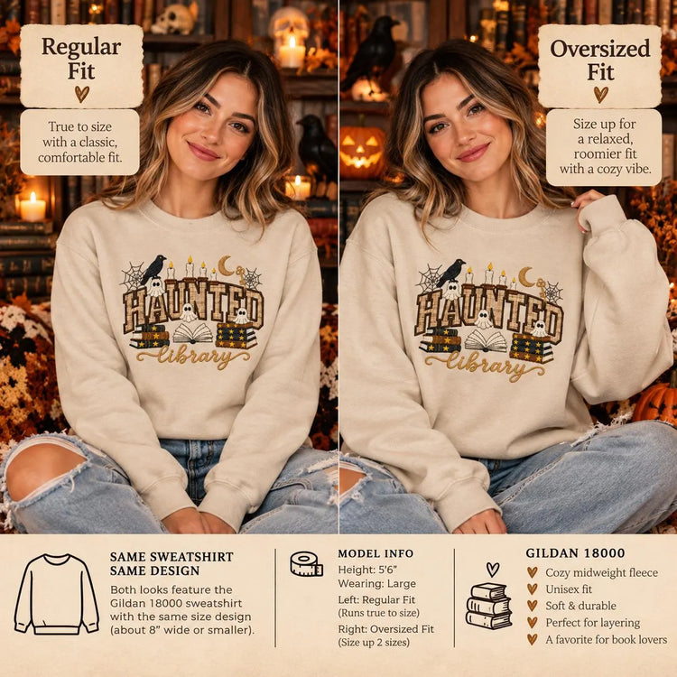 Haunted Library Sweatshirt Appliqué Bookish Halloween Crewneck Spooky Reader Gift