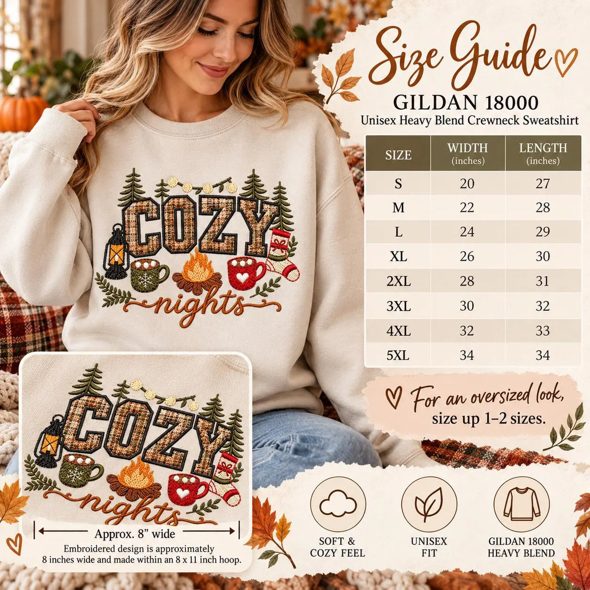 Cozy Nights Sweatshirt Embroidered Applique Campfire Crewneck Cabin Winter Pullover
