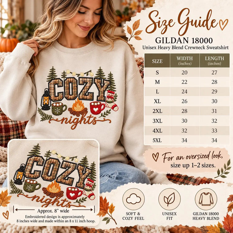 Cozy Nights Sweatshirt Embroidered Applique Campfire Crewneck Cabin Winter Pullover