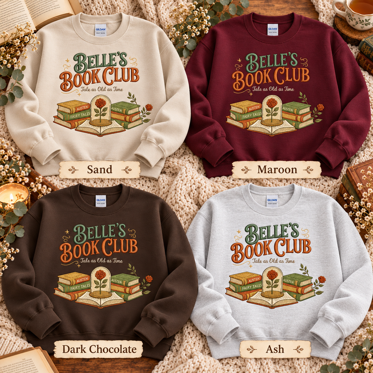 Belle's Book Club Sweatshirt Embroidered Bookish Crewneck Tale as Old as Time Reader Gift