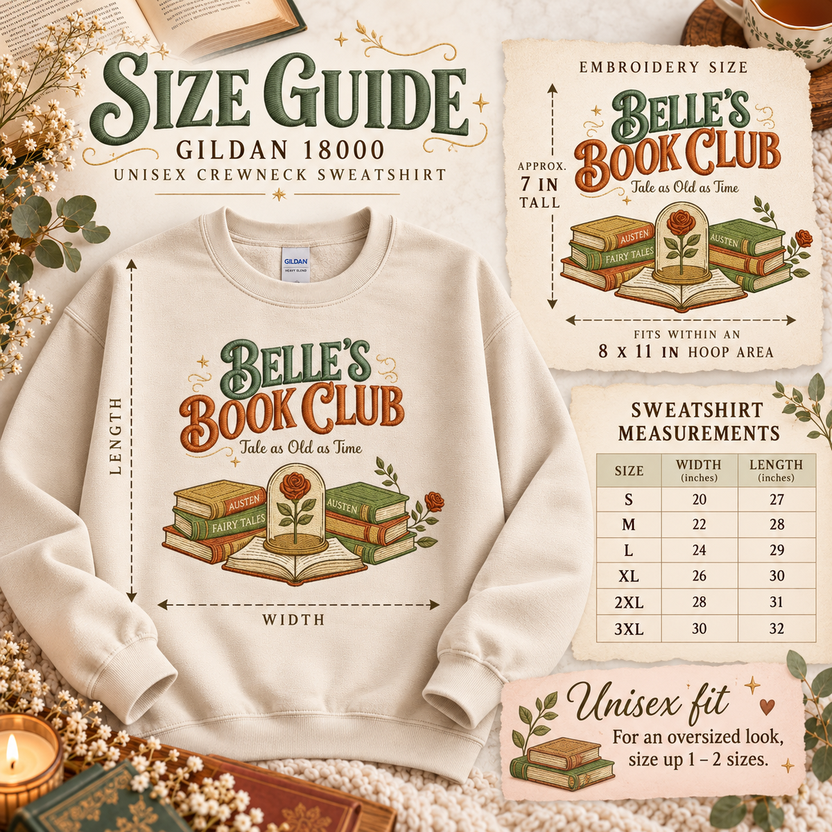 Belle's Book Club Sweatshirt Embroidered Bookish Crewneck Tale as Old as Time Reader Gift