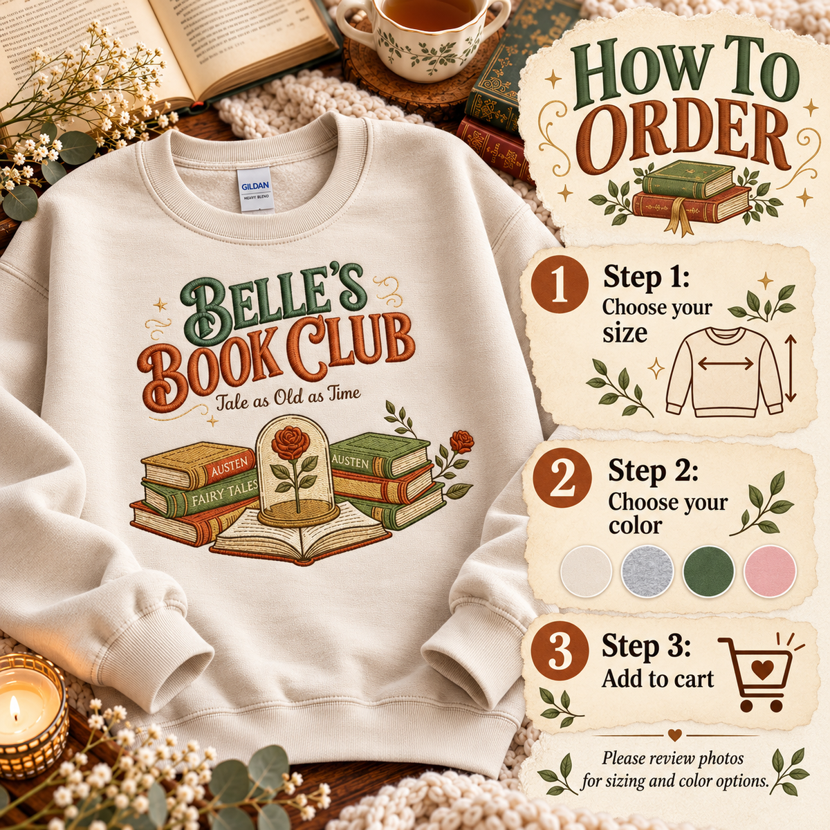 Belle's Book Club Sweatshirt Embroidered Bookish Crewneck Tale as Old as Time Reader Gift