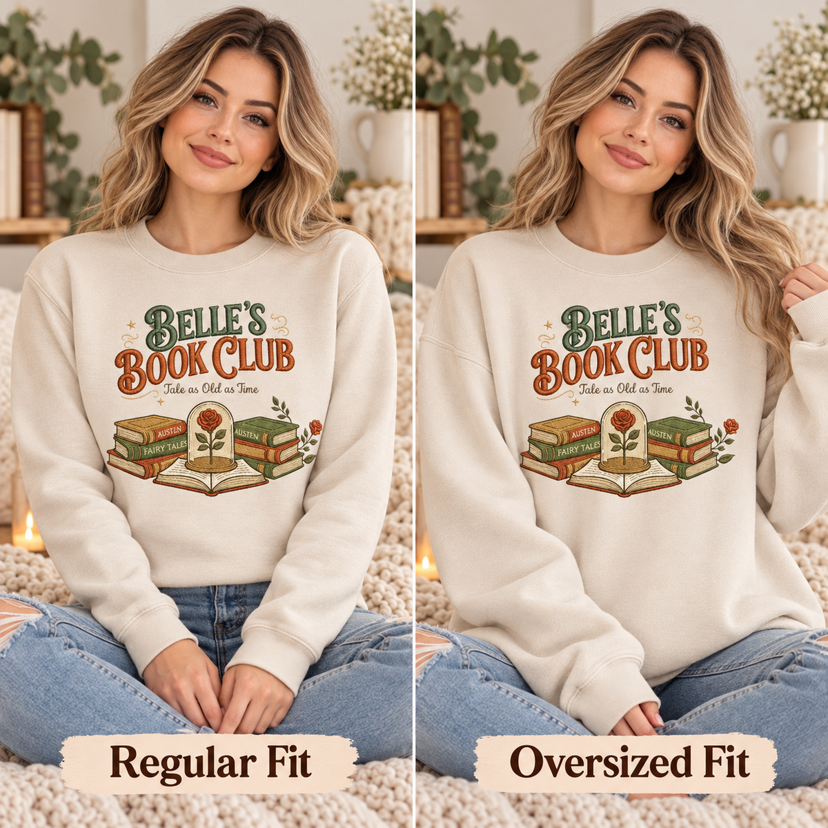 Belle's Book Club Sweatshirt Embroidered Bookish Crewneck Tale as Old as Time Reader Gift