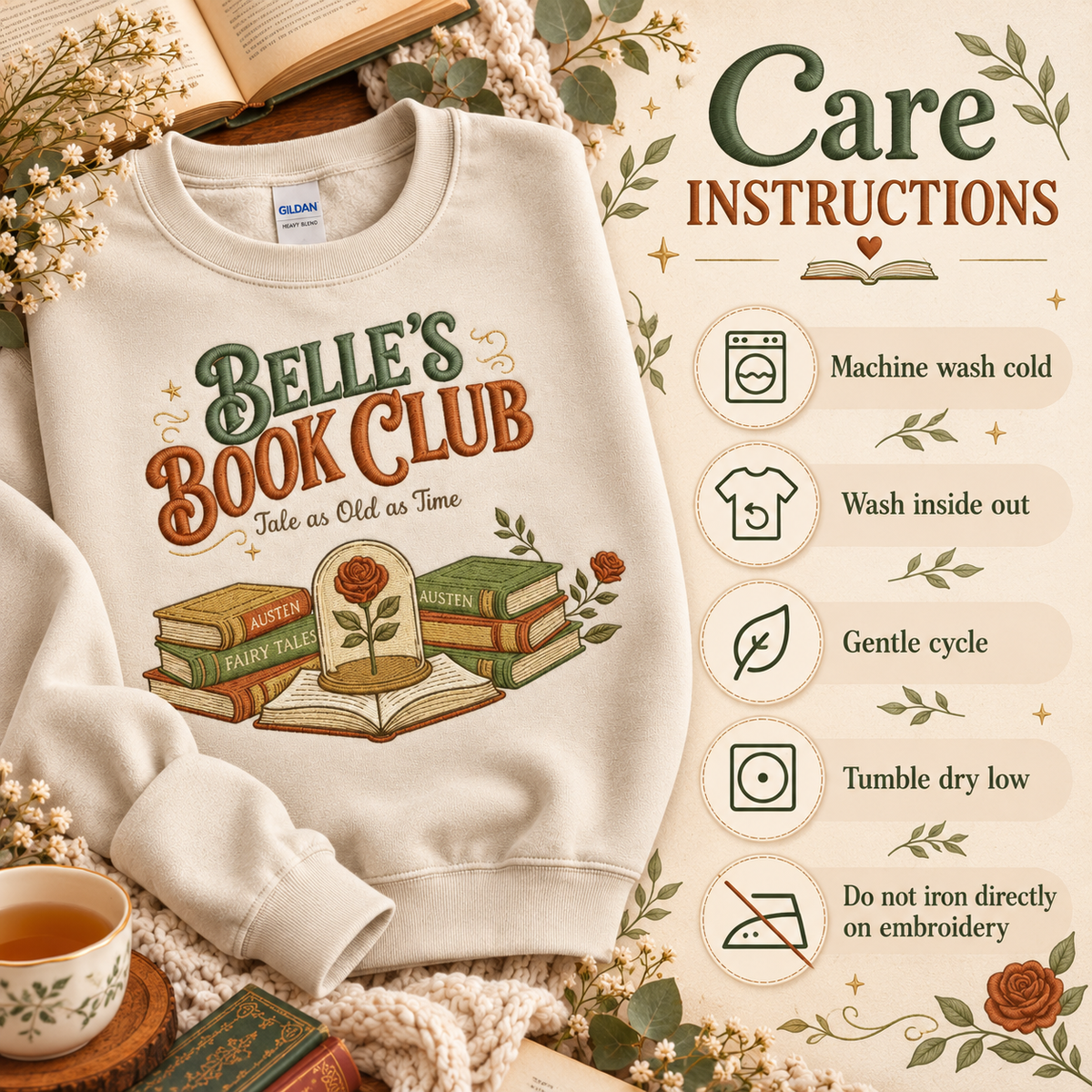 Belle's Book Club Sweatshirt Embroidered Bookish Crewneck Tale as Old as Time Reader Gift