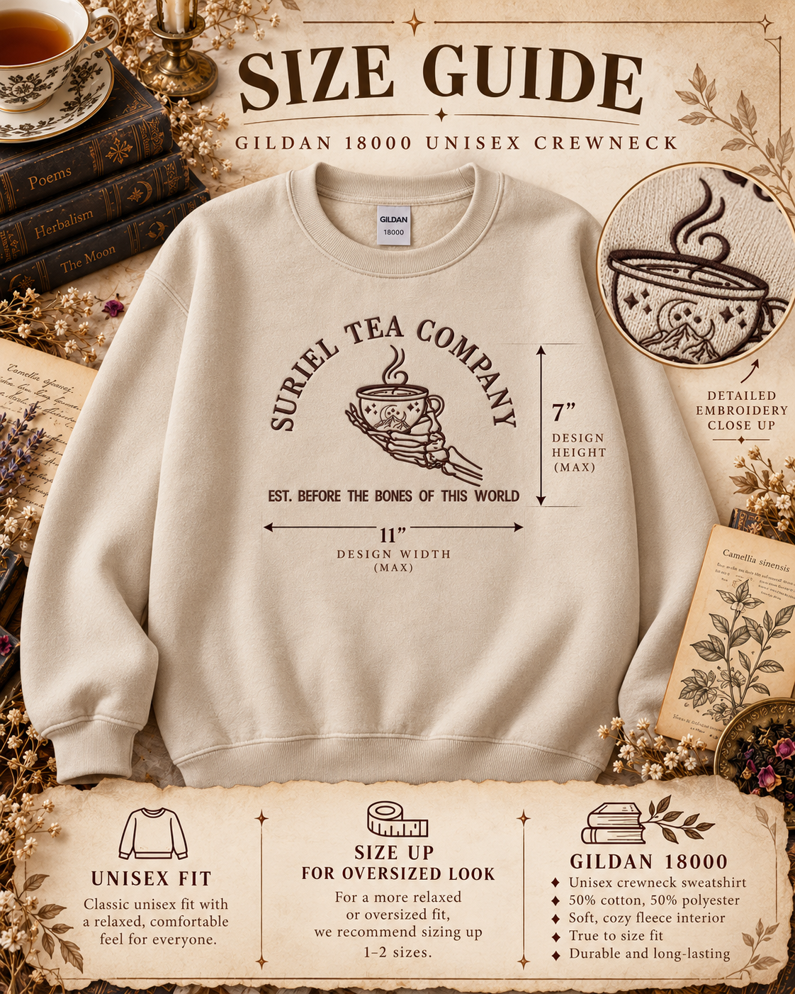 Suriel Tea Company Sweatshirt Embroidered ACOTAR Crewneck Bookish Romantasy Reader Gift