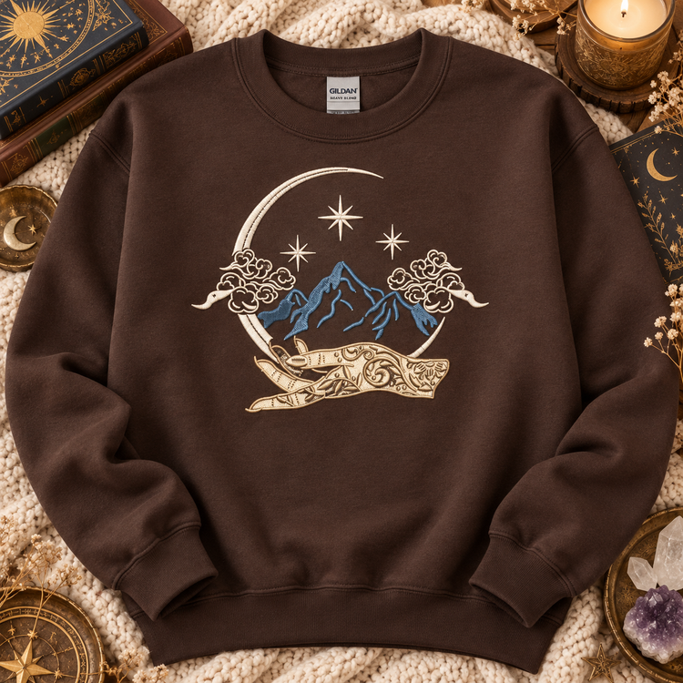 Celestial Fantasy Sweatshirt Embroidered Mountain Crewneck Bookish Romantasy Reader Gift