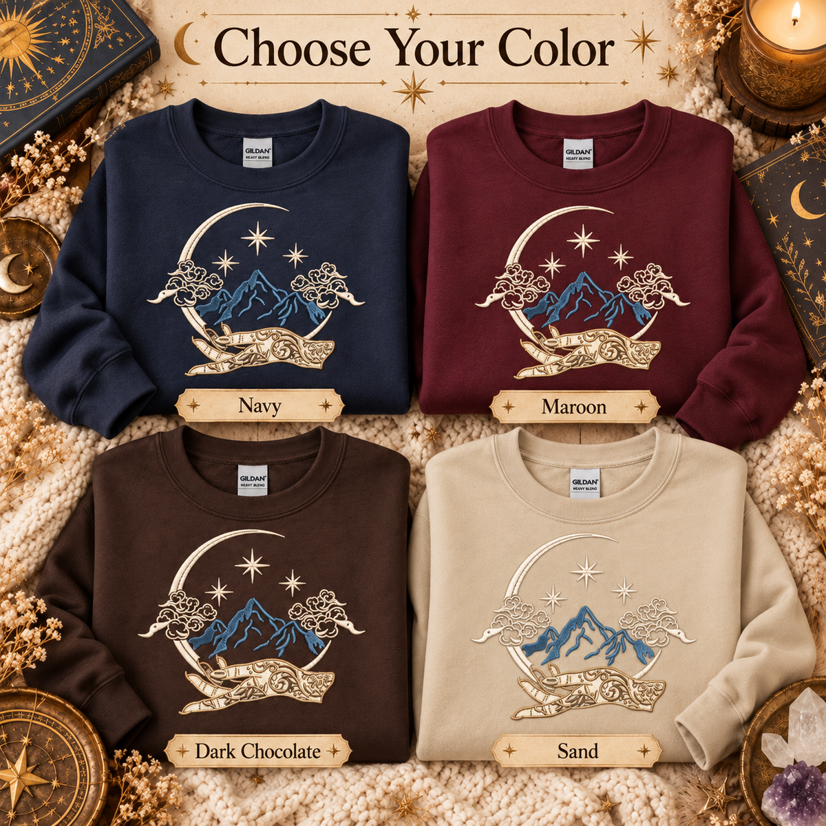 Celestial Fantasy Sweatshirt Embroidered Mountain Crewneck Bookish Romantasy Reader Gift