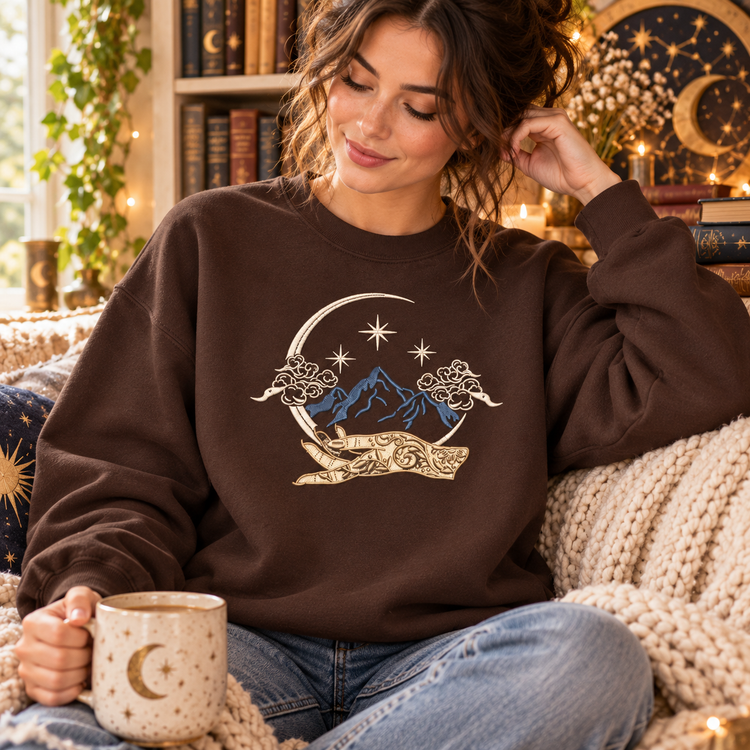 Celestial Fantasy Sweatshirt Embroidered Mountain Crewneck Bookish Romantasy Reader Gift