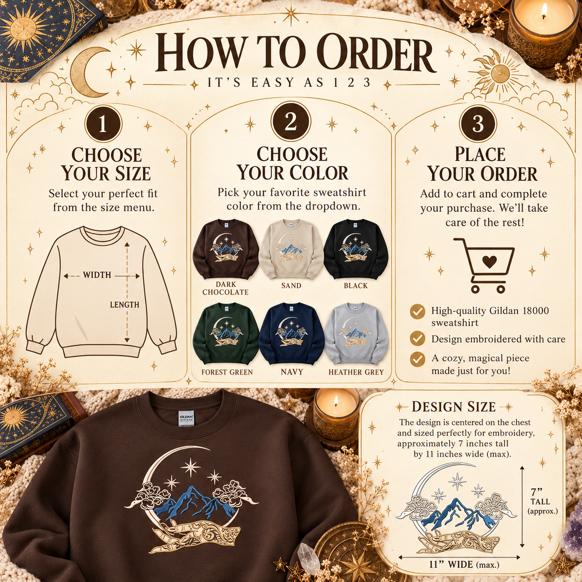 Celestial Fantasy Sweatshirt Embroidered Mountain Crewneck Bookish Romantasy Reader Gift