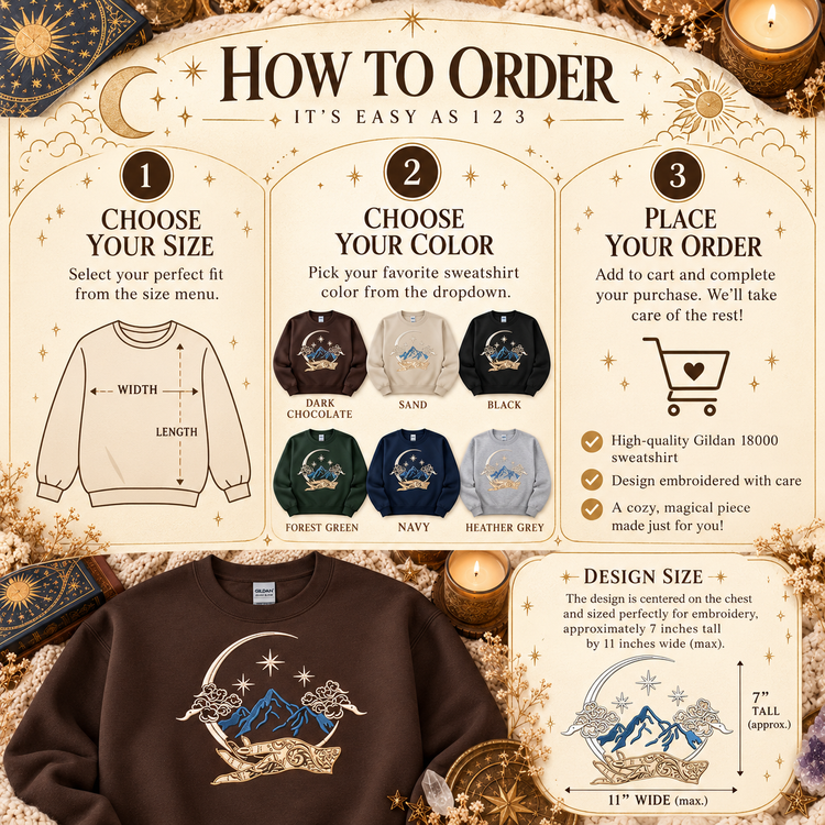 Celestial Fantasy Sweatshirt Embroidered Mountain Crewneck Bookish Romantasy Reader Gift