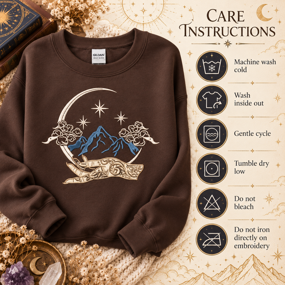 Celestial Fantasy Sweatshirt Embroidered Mountain Crewneck Bookish Romantasy Reader Gift