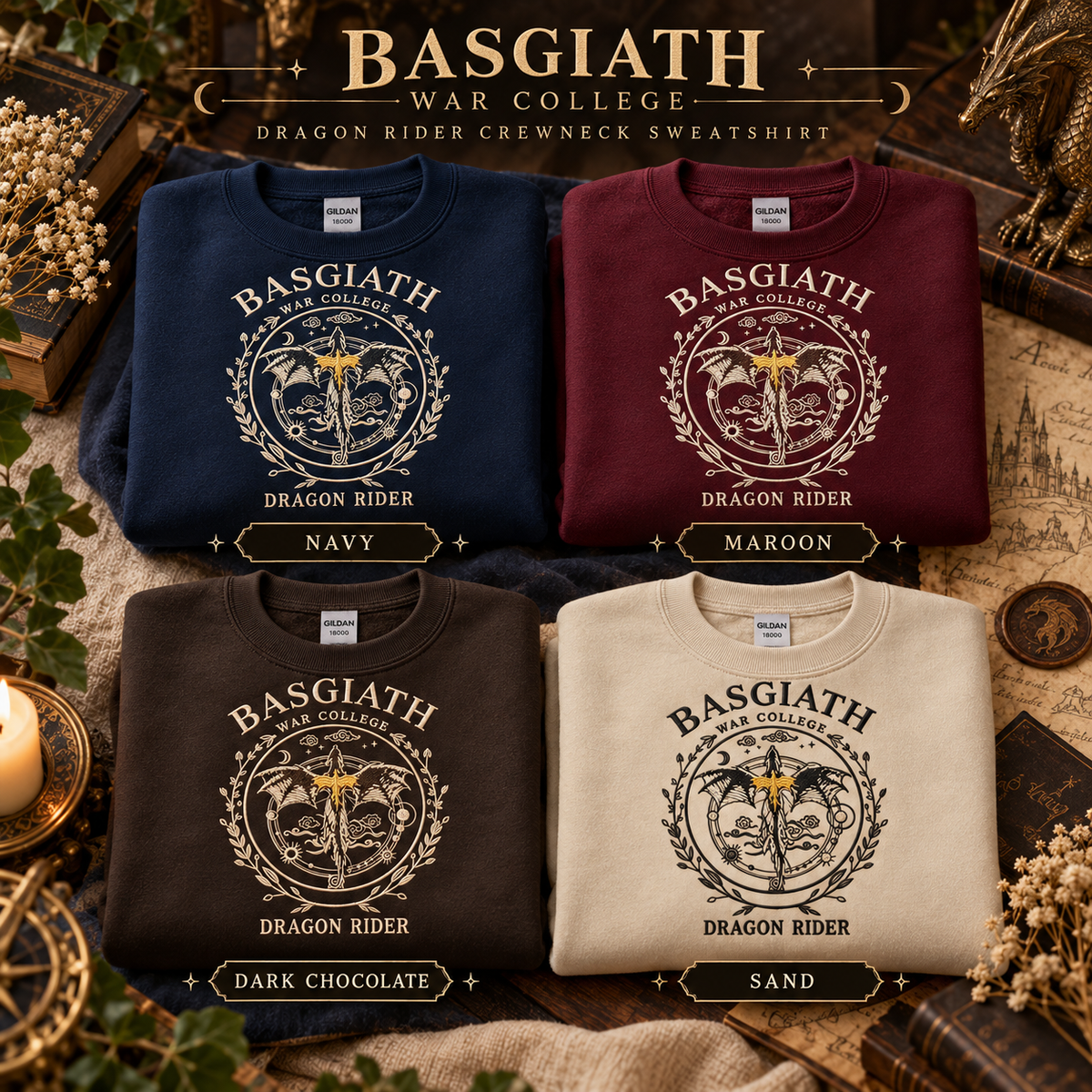 Sudadera de cuello redondo del Colegio de Guerra de Basgiath con dragón bordado, regalo para lectores de Alas de sangre