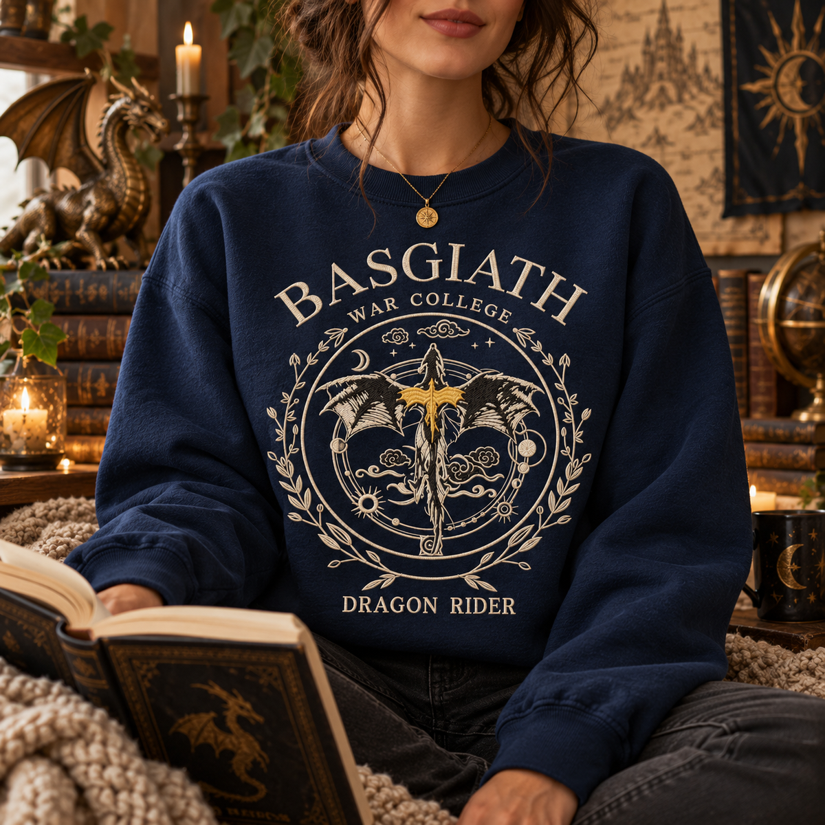 Sudadera de cuello redondo del Colegio de Guerra de Basgiath con dragón bordado, regalo para lectores de Alas de sangre