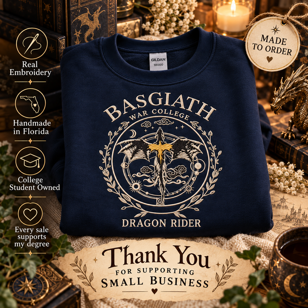 Sudadera de cuello redondo del Colegio de Guerra de Basgiath con dragón bordado, regalo para lectores de Alas de sangre
