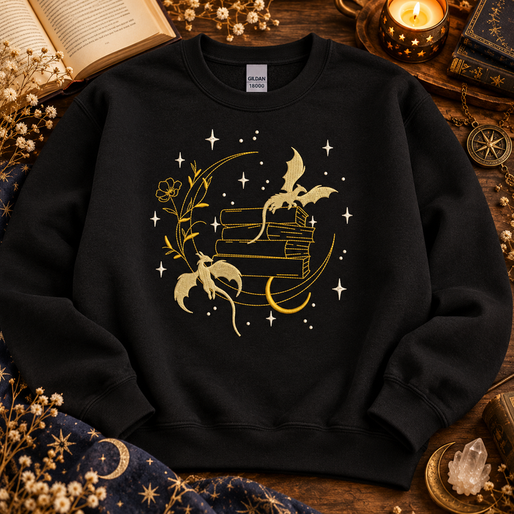 Dragon Book Sweatshirt Embroidered Fantasy Crewneck  Celestial Book Lover Gift