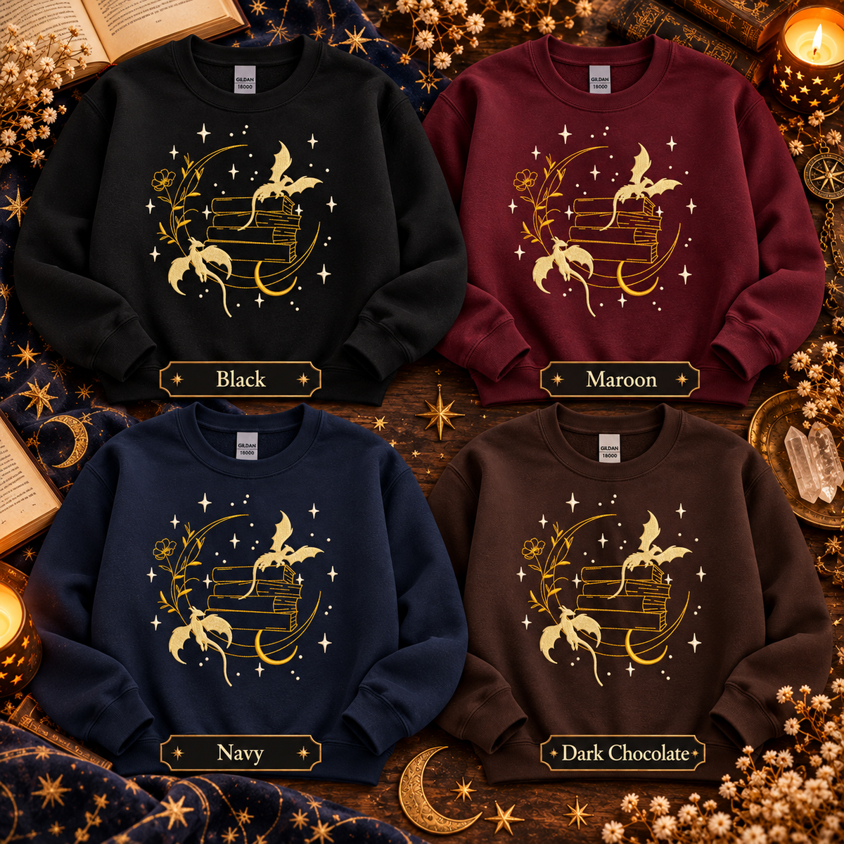 Dragon Book Sweatshirt Embroidered Fantasy Crewneck  Celestial Book Lover Gift