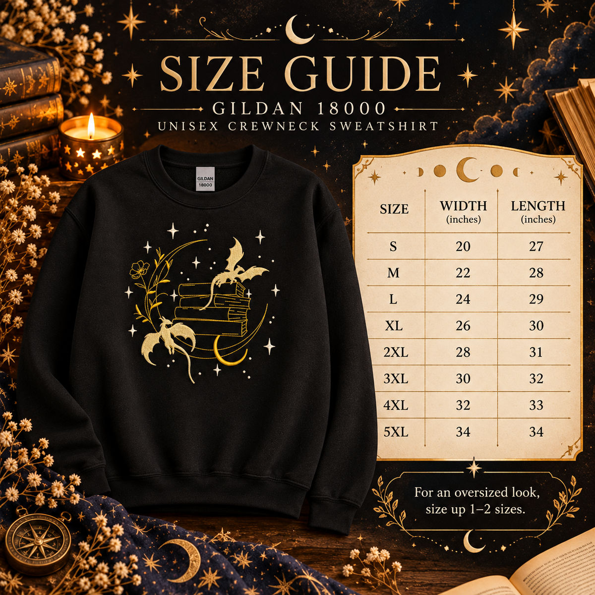Dragon Book Sweatshirt Embroidered Fantasy Crewneck  Celestial Book Lover Gift