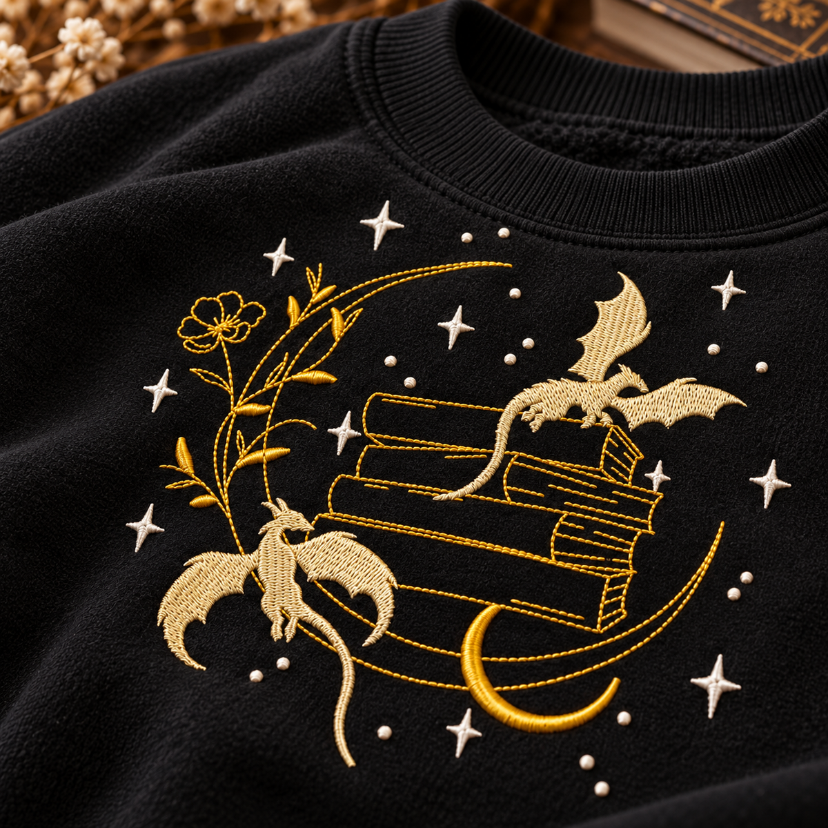 Dragon Book Sweatshirt Embroidered Fantasy Crewneck  Celestial Book Lover Gift