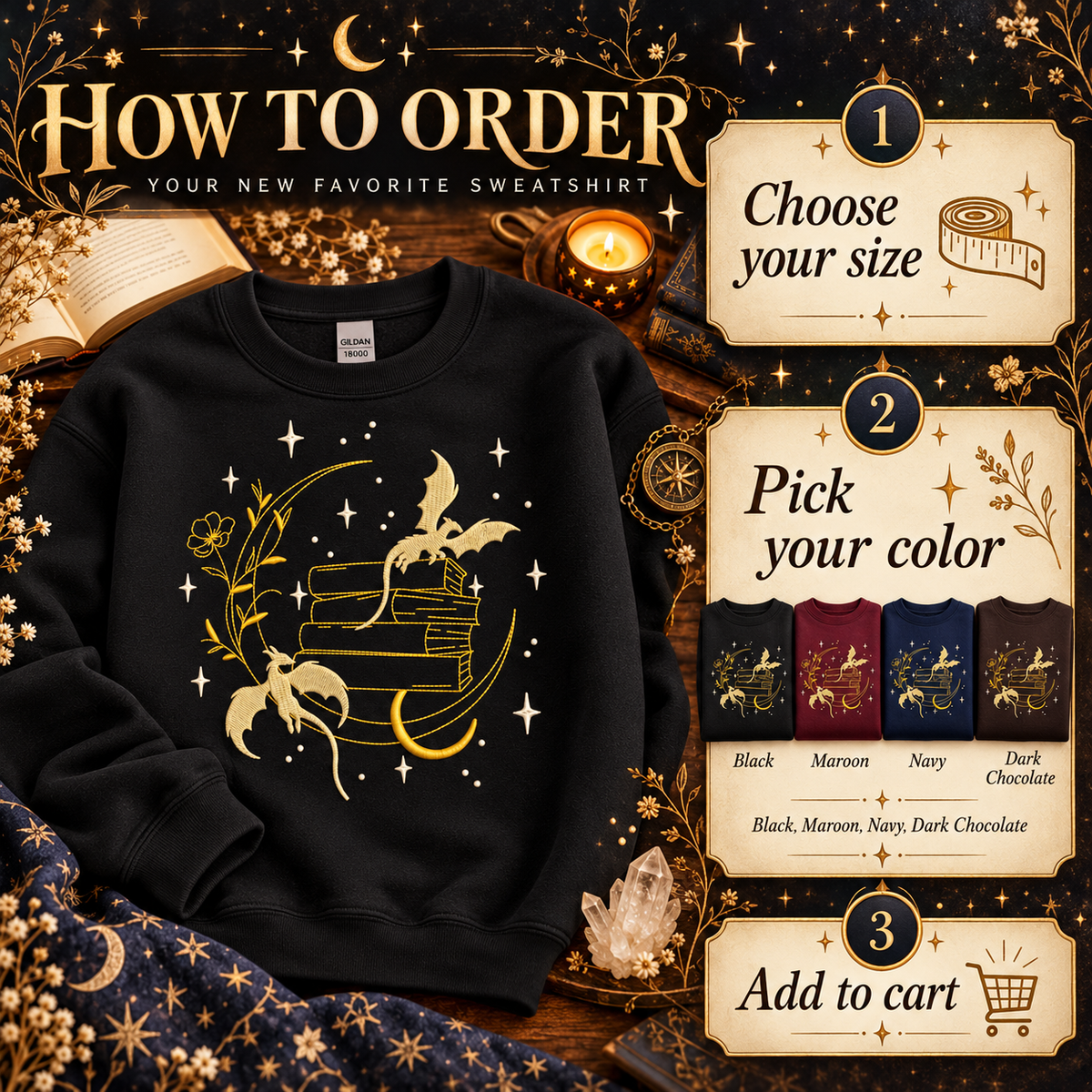 Dragon Book Sweatshirt Embroidered Fantasy Crewneck  Celestial Book Lover Gift