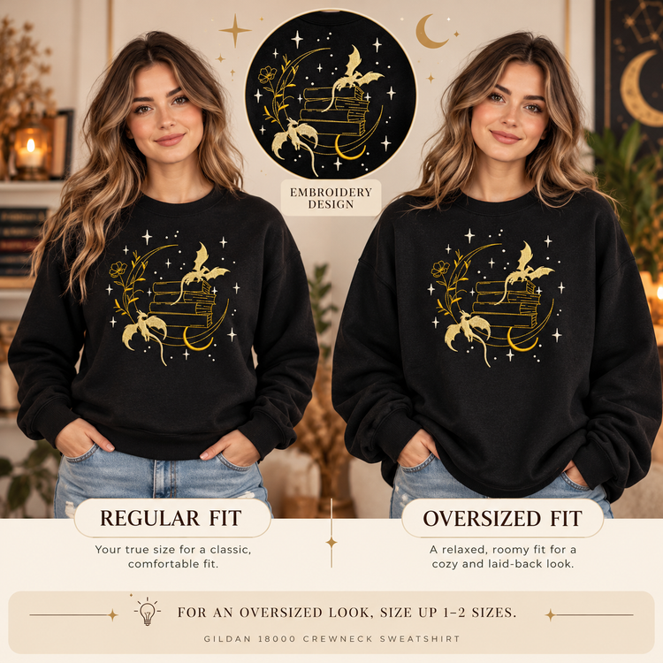 Dragon Book Sweatshirt Embroidered Fantasy Crewneck  Celestial Book Lover Gift