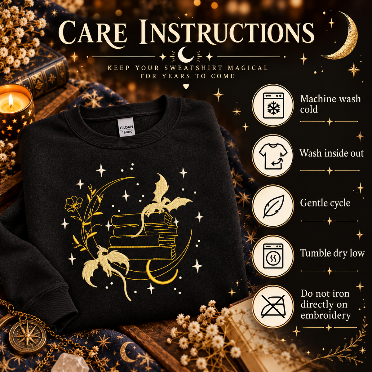 Dragon Book Sweatshirt Embroidered Fantasy Crewneck  Celestial Book Lover Gift