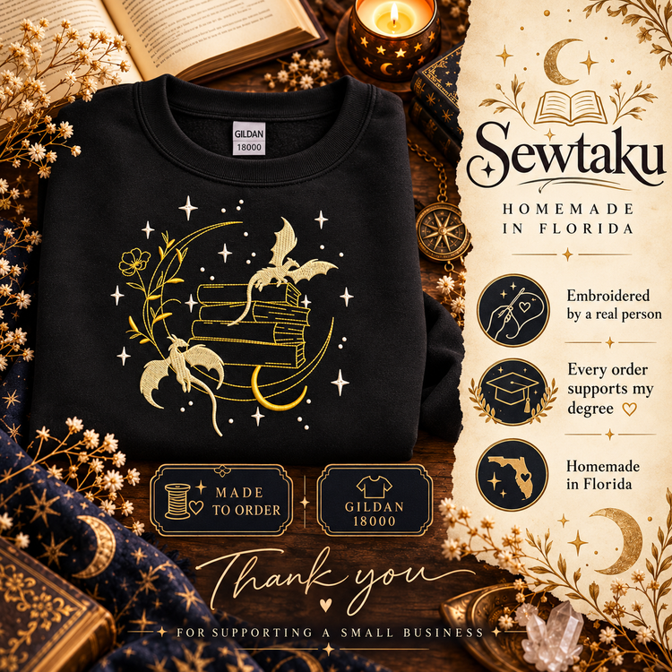 Dragon Book Sweatshirt Embroidered Fantasy Crewneck  Celestial Book Lover Gift