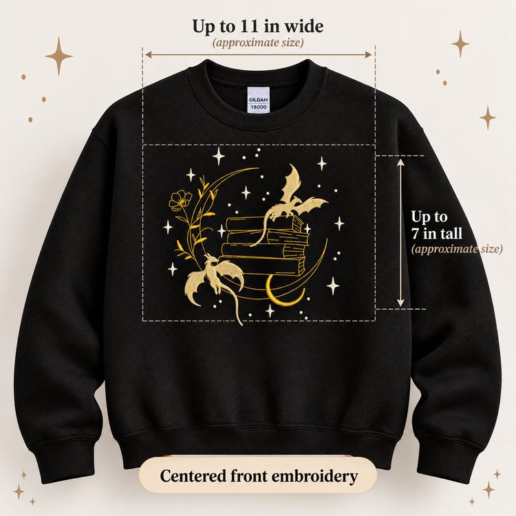 Dragon Book Sweatshirt Embroidered Fantasy Crewneck  Celestial Book Lover Gift