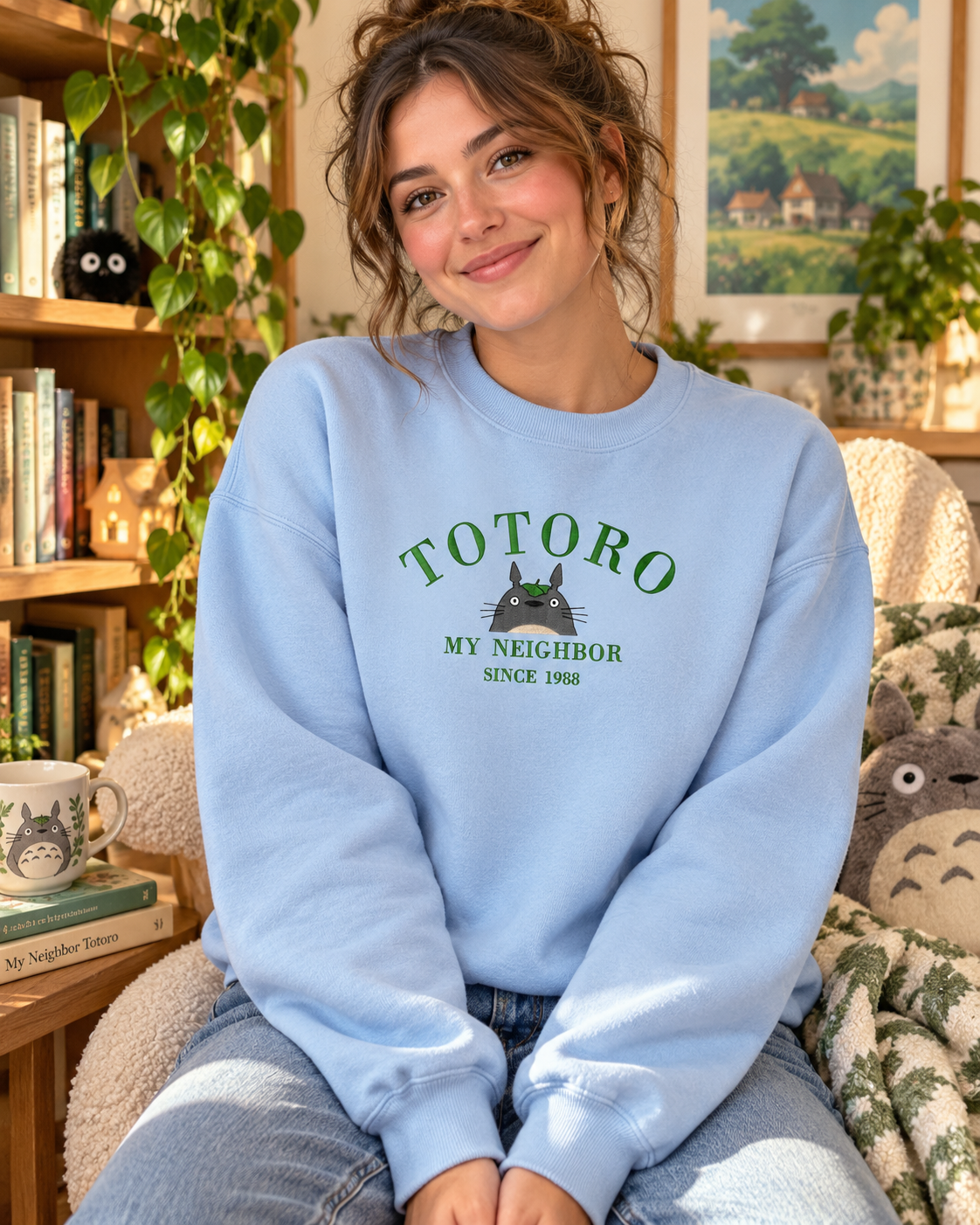 Totoro Embroidered Sweatshirt Cozy Anime Crewneck