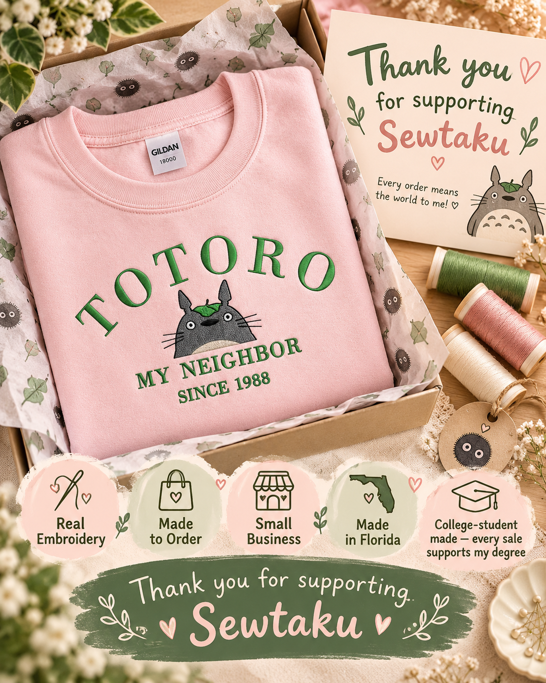 Totoro Embroidered Sweatshirt Cozy Anime Crewneck