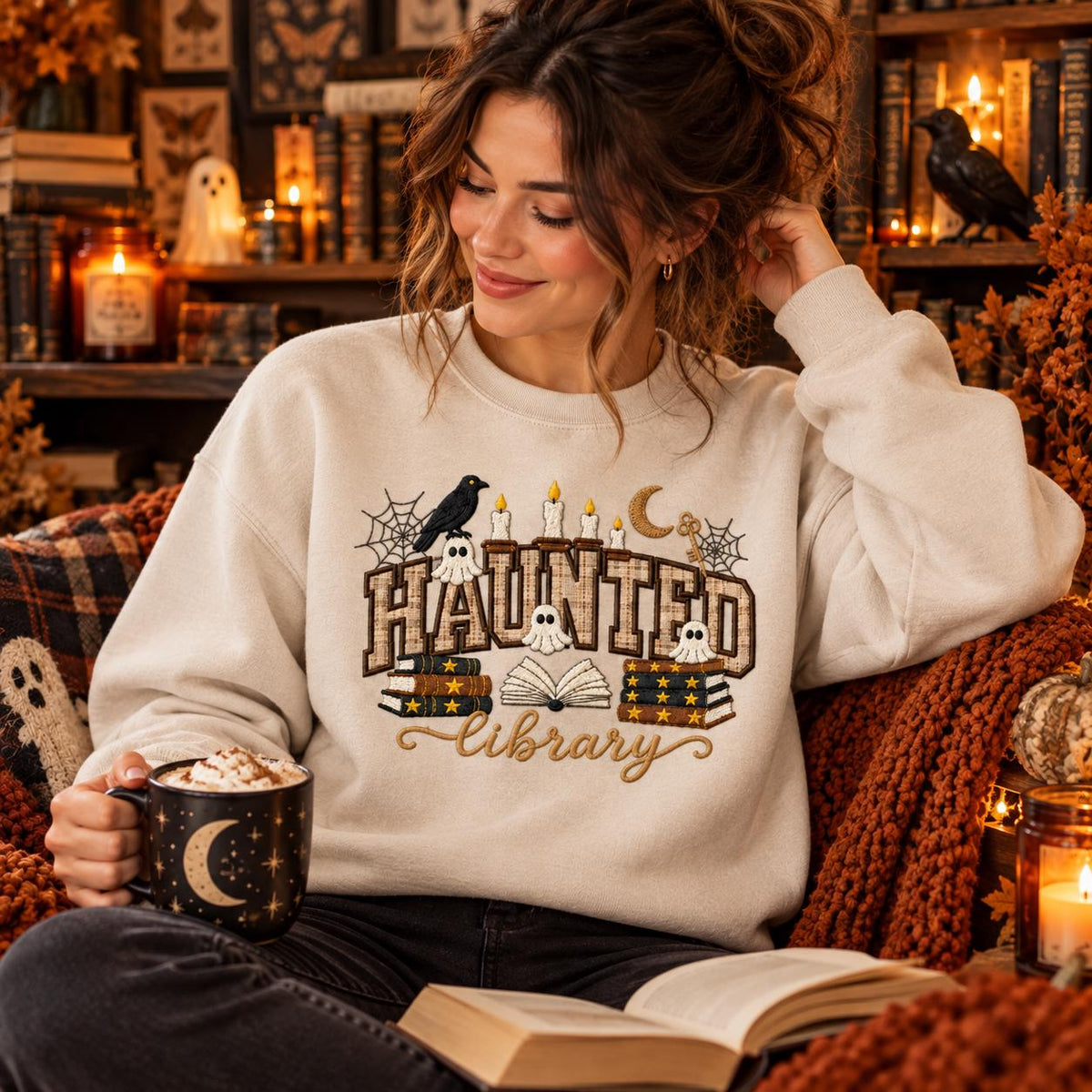 Sudadera de cuello redondo con aplique de biblioteca encantada, temática literaria de Halloween, regalo espeluznante para lectores