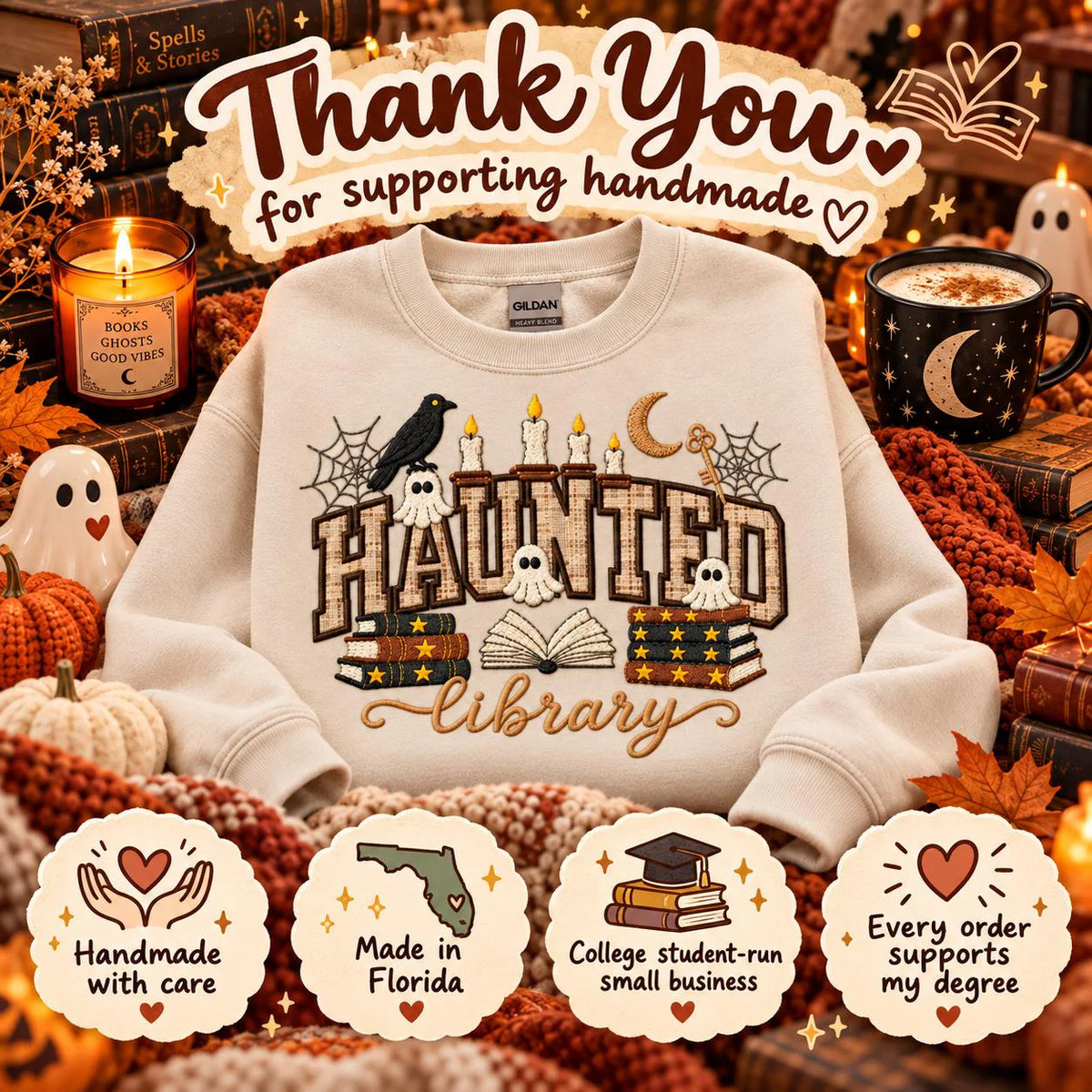 Sudadera de cuello redondo con aplique de biblioteca encantada, temática literaria de Halloween, regalo espeluznante para lectores