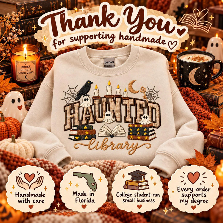 Sudadera de cuello redondo con aplique de biblioteca encantada, temática literaria de Halloween, regalo espeluznante para lectores