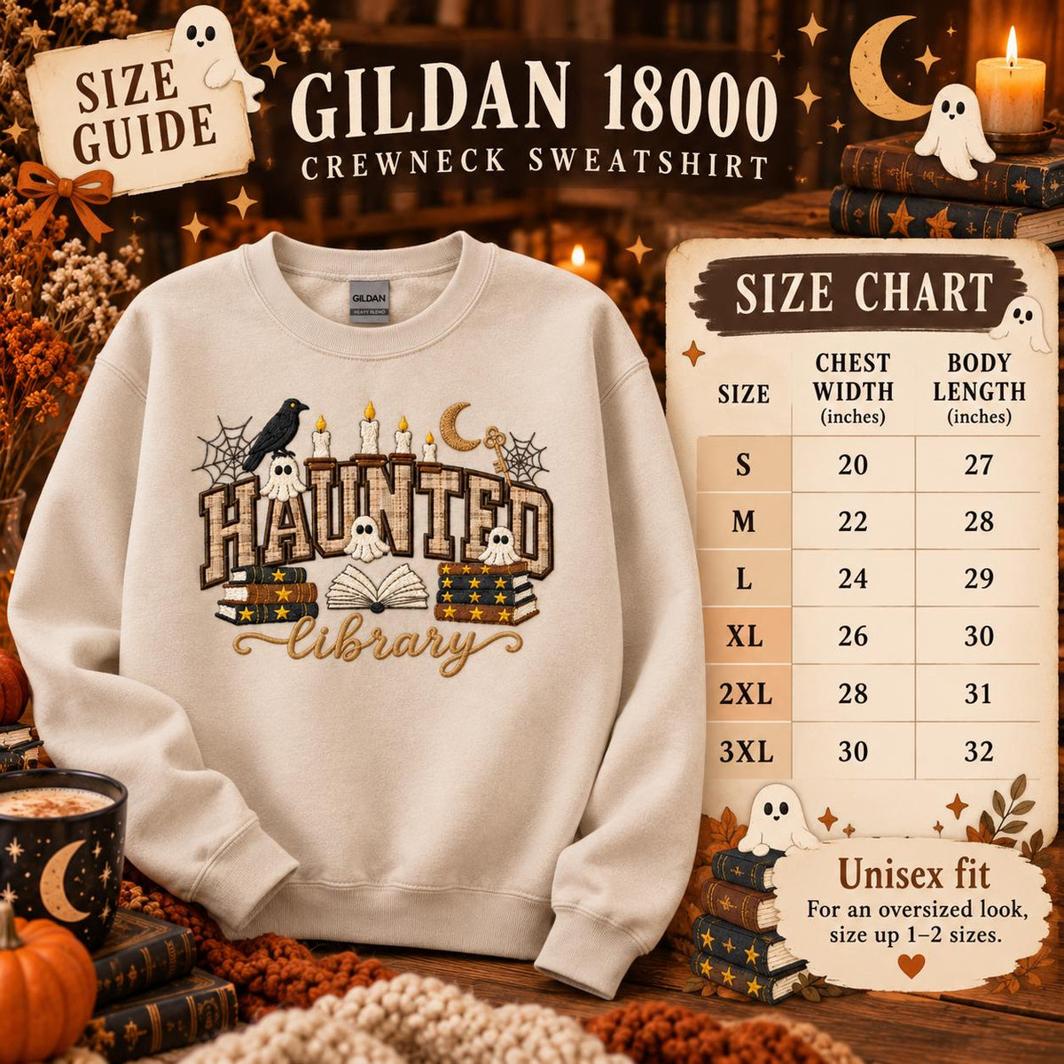 Sudadera de cuello redondo con aplique de biblioteca encantada, temática literaria de Halloween, regalo espeluznante para lectores