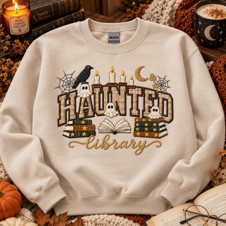 Haunted Library Sweatshirt Appliqué Bookish Halloween Crewneck Spooky Reader Gift