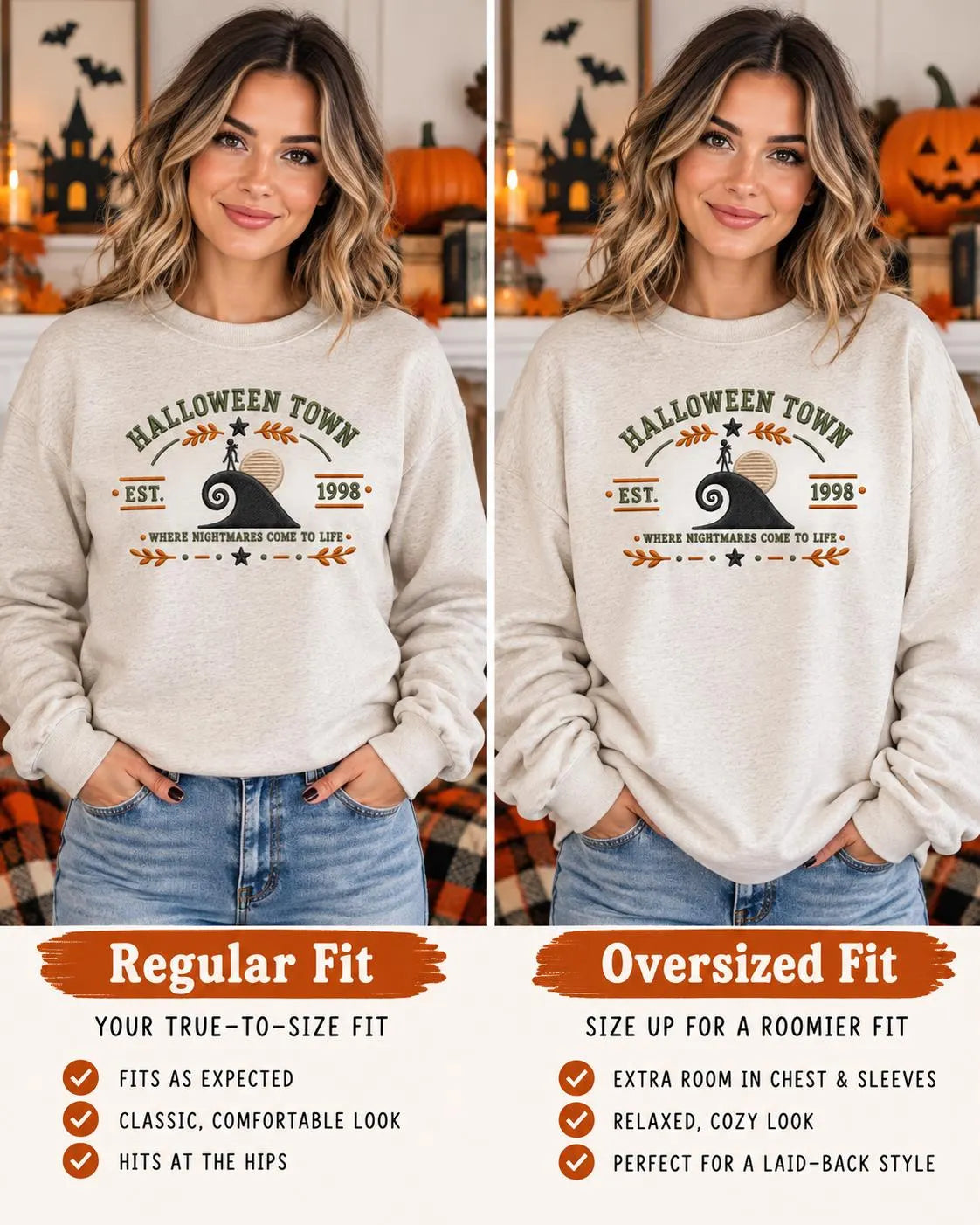 Halloween Town Crewneck Embroidered Nightmare Before Christmas Inspired Sweatshirt Spooky Fall Gift
