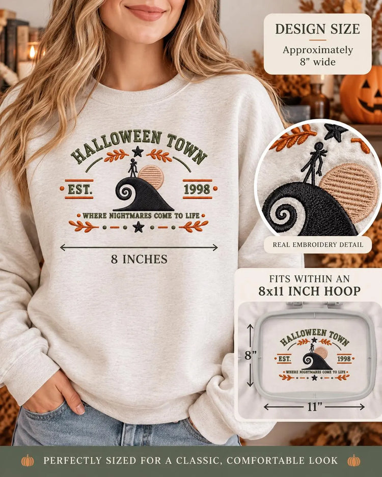 Halloween Town Crewneck Embroidered Nightmare Before Christmas Inspired Sweatshirt Spooky Fall Gift